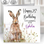 personalised spring hare birthday card