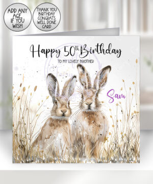 personalised spring hares birthday card