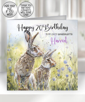 personalised spring hares blue flowers birthday card
