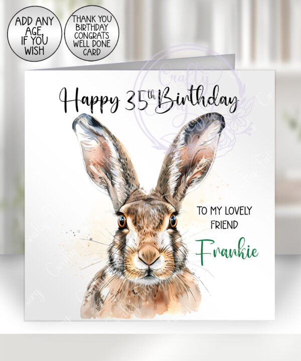 personalised hare face birthday card