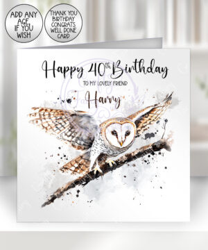 personalised owl on branch birthday card