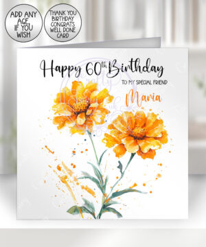 personalised watercolour marigold flowers birthday card
