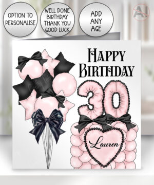 personalised pale pink & black balloons with bows 21st 30th 40th birthday card