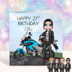 personalised motorbike biker girl on road birthday card