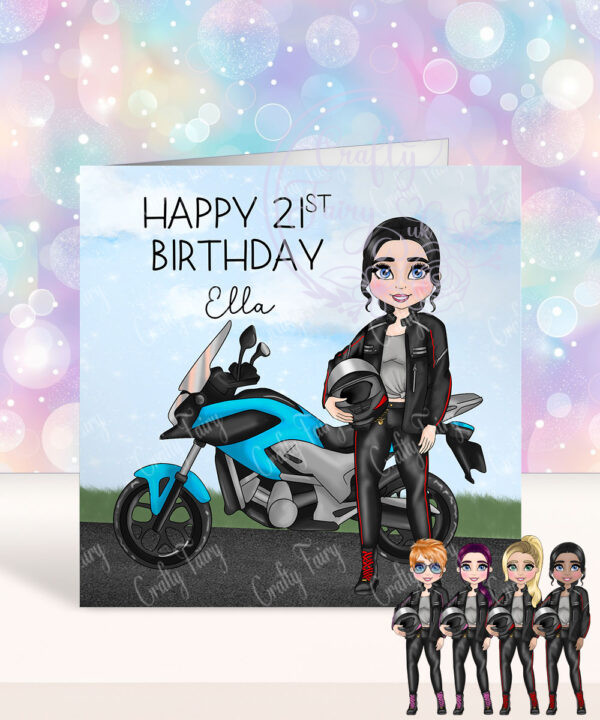 personalised motorbike biker girl on road birthday card