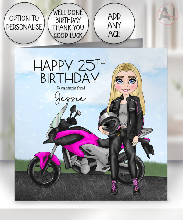 personalised motorbike biker girl on road birthday card