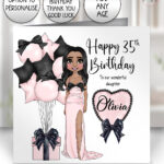 personalised lady long dress pink black balloons & heart birthday card