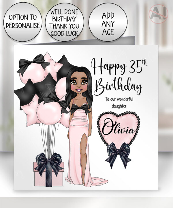 personalised lady long dress pink black balloons & heart birthday card