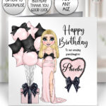 personalised lady long dress pink black balloons & heart birthday card