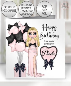 personalised lady long dress pink black balloons & heart birthday card