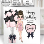 personalised lady mini dress pink black balloons & heart birthday card