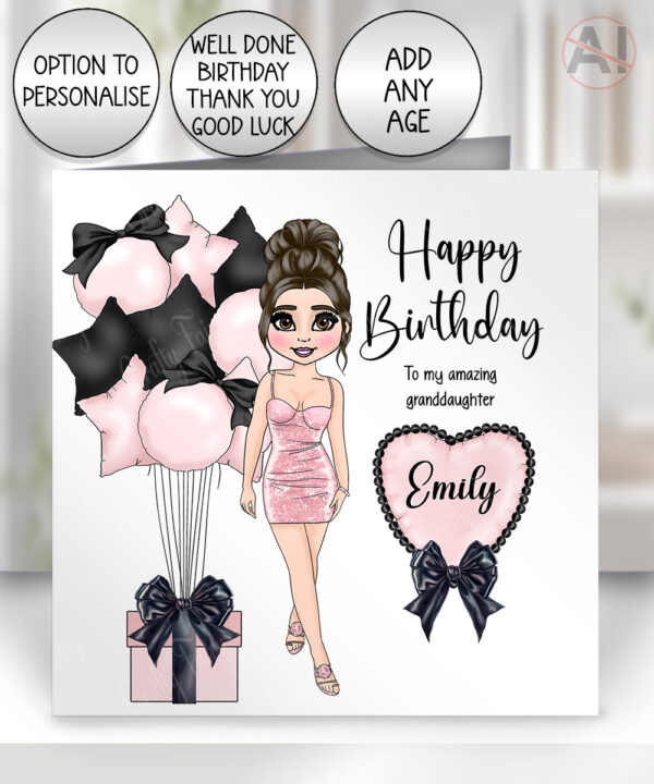 personalised lady mini dress pink black balloons & heart birthday card