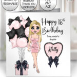 personalised lady mini dress pink black balloons & heart birthday card