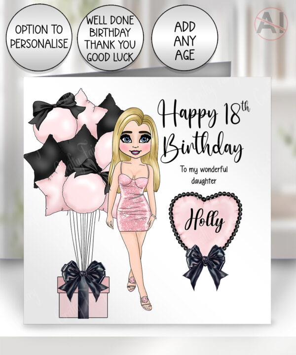 personalised lady mini dress pink black balloons & heart birthday card
