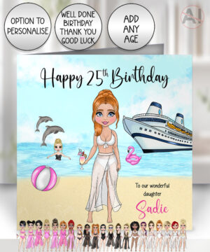 personalised beach lady in black/pink/white swimsuit cruise ship birthday card