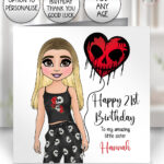 personalised goth girl with skull heart balloon card birthday, all occasions