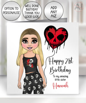 personalised goth girl with skull heart balloon card birthday, all occasions