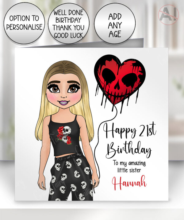 personalised goth girl with skull heart balloon card birthday, all occasions
