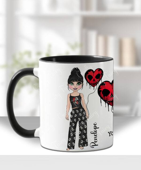 personalised goth girl with skull heart balloon mug gift