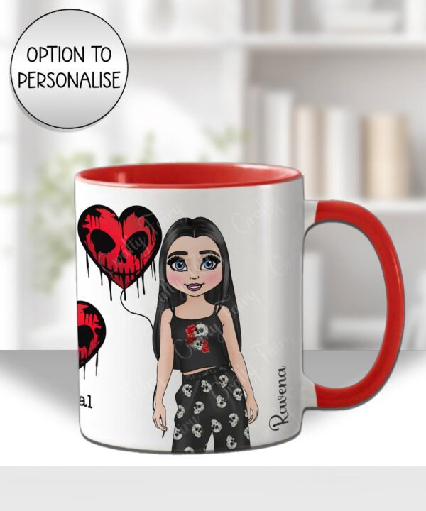 personalised goth girl with skull heart balloon mug gift