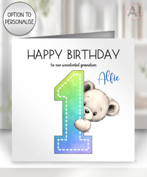 personalised boy's first birthday card with peeping bear