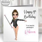 personalised gymnast with baton in black sparkle leotard birthday card
