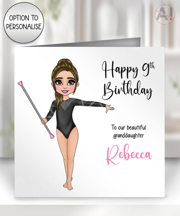 personalised gymnast with baton in black sparkle leotard birthday card