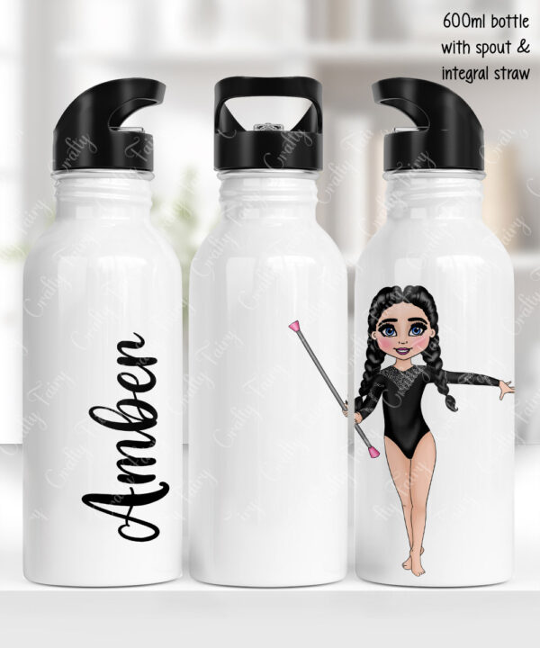 personalised gymnast with baton in black sparkle leotard 600ml straight water bottle