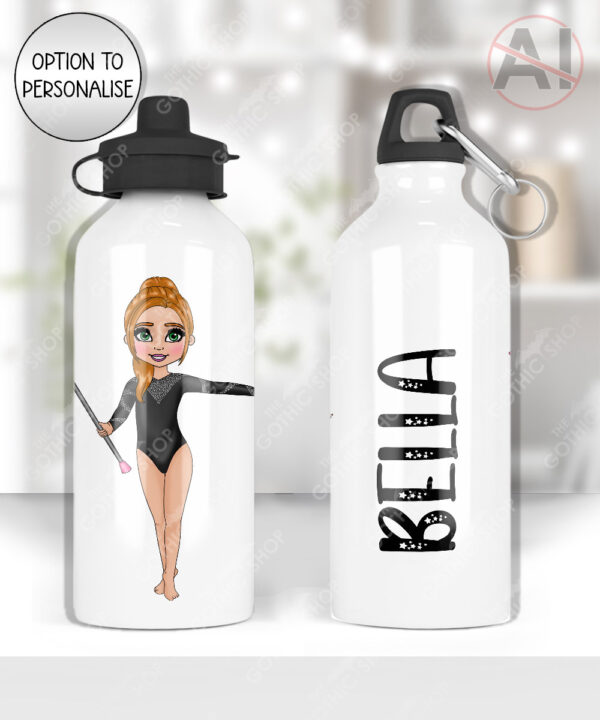 personalised gymnast with baton in black sparkle leotard 600ml straight water bottle