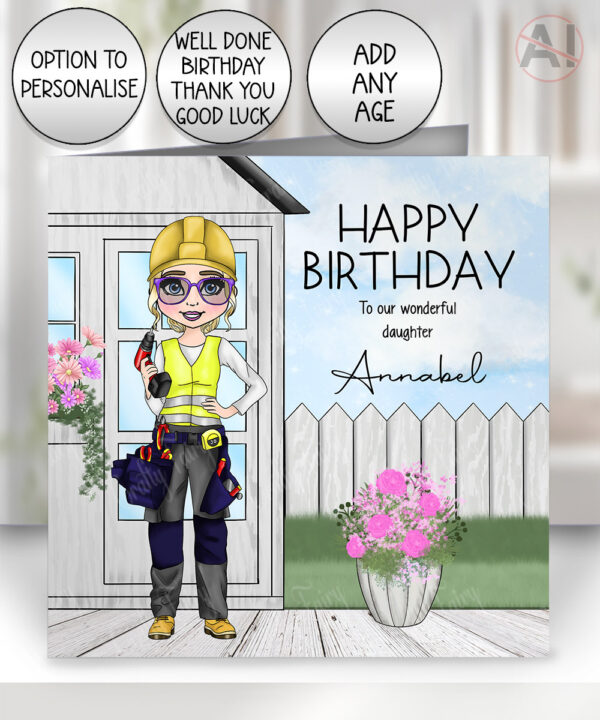 personalised birthday card for female carpenter builder diy expert
