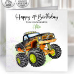 personalised monster truck birthday card for boy or girl