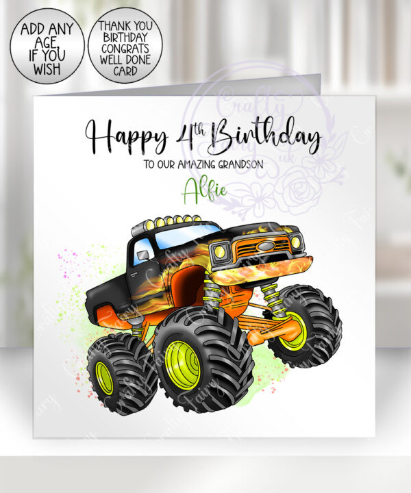 personalised monster truck birthday card for boy or girl