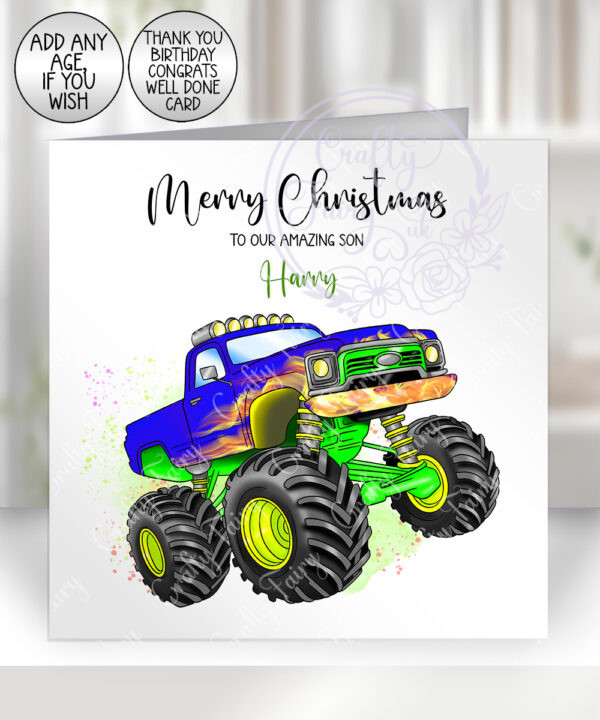 personalised monster truck birthday card for boy or girl