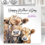 personalised watercolour parent cow & calf birthday card