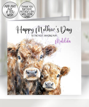 personalised watercolour parent cow & calf birthday card
