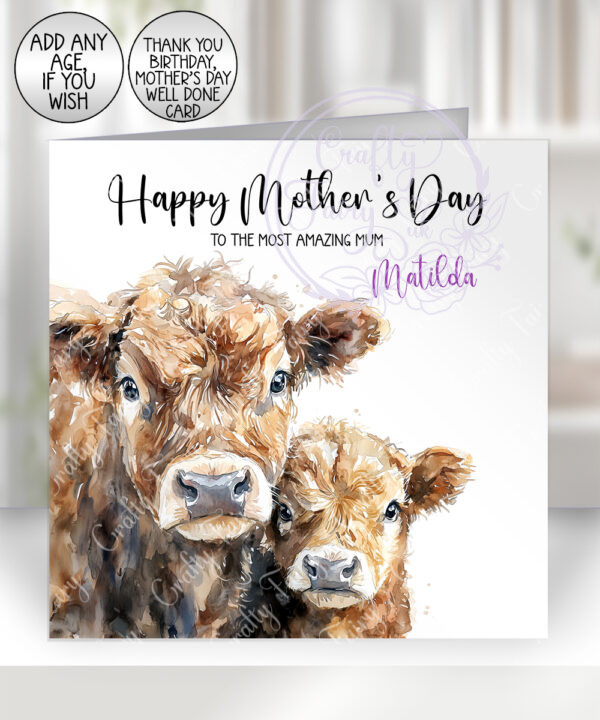 personalised watercolour parent cow & calf birthday card