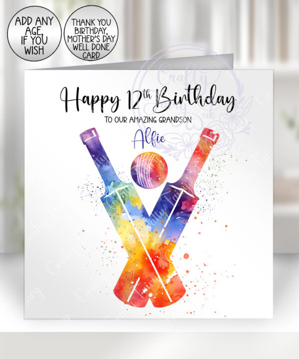personalised colourful abstract watercolour cricket bats birthday card