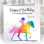personalised colourful abstract watercolour horse rider girl with ponytail birthday card