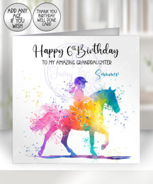 personalised colourful abstract watercolour horse rider girl with ponytail birthday card