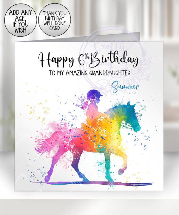 personalised colourful abstract watercolour horse rider girl with ponytail birthday card