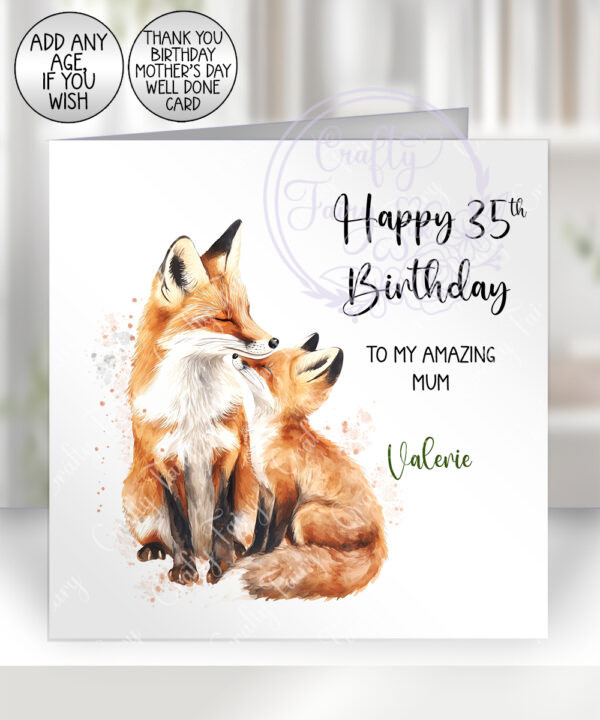 personalised watercolour parent fox & baby cub mother's day card