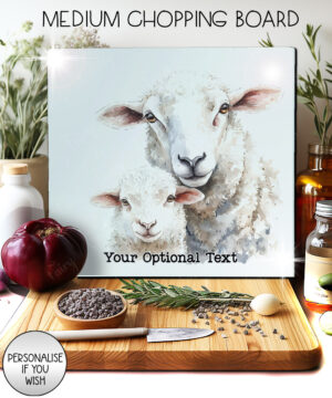 personalised parent sheep & baby lamb glass chopping board or worktop protector