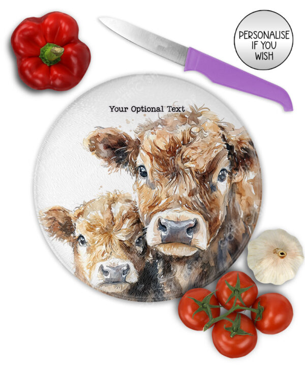 personalised parent cow and calf glass chopping board or worktop protector