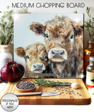 personalised parent cow and calf glass chopping board or worktop protector