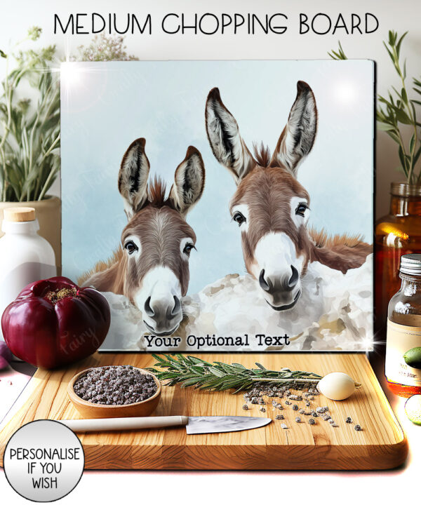 personalised peeping donkey pair glass chopping board or worktop protector