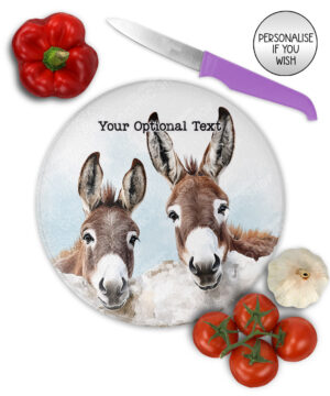personalised peeping donkey pair glass chopping board or worktop protector