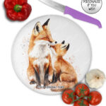 personalised parent fox & cub glass chopping board or worktop protector