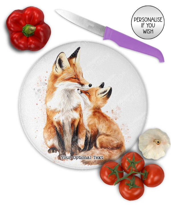 personalised parent fox & cub glass chopping board or worktop protector