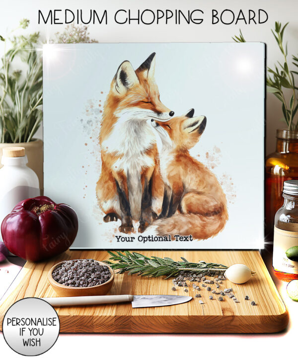 personalised parent fox & cub glass chopping board or worktop protector