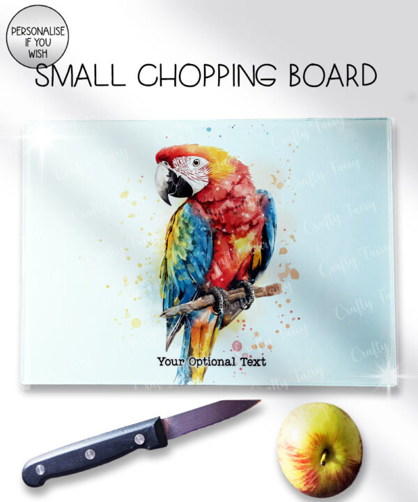 personalised colourful parrot glass chopping board or worktop protector